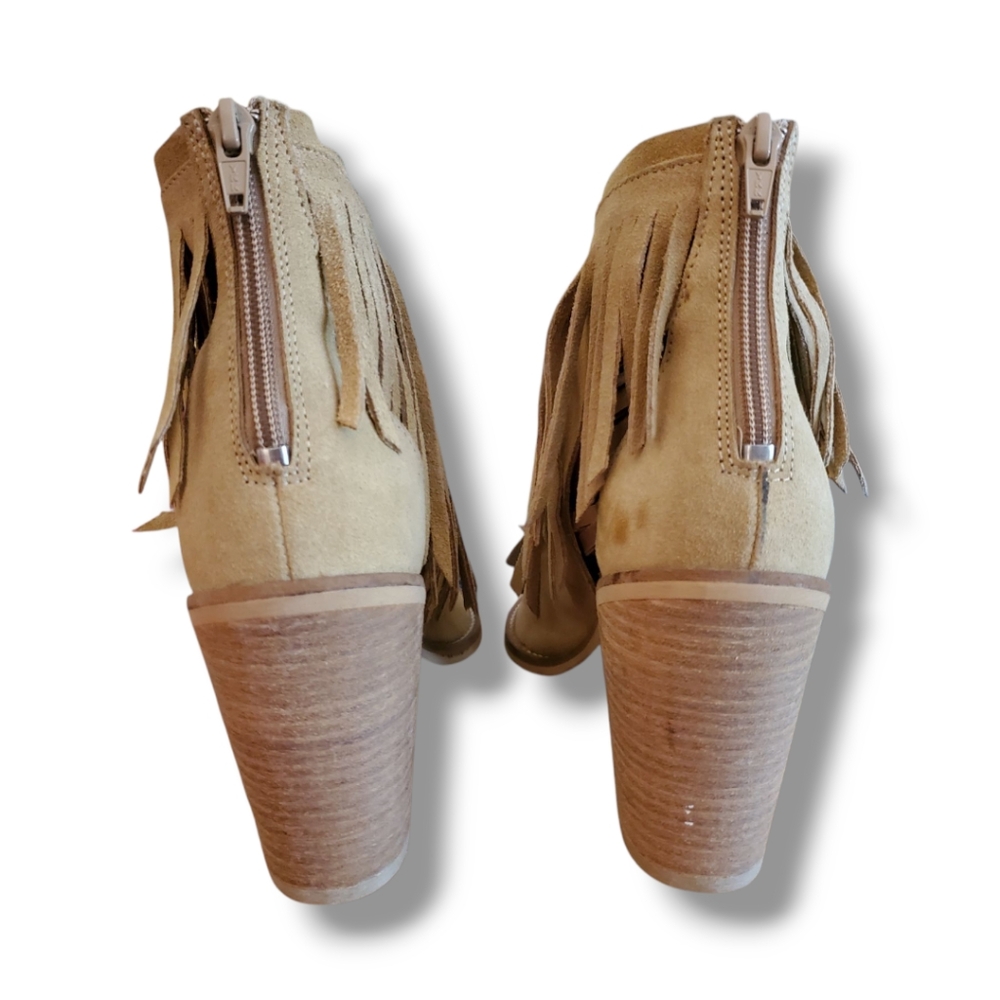 Musse & Cloud Open Toe Tan Suede Fringe Heels - Picture 6 of 12